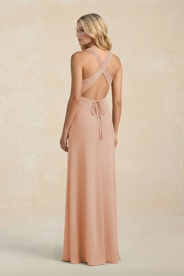 High Neck Sheath Chiffon Bridesmaid Dress With Slit in Champagne Rose - SHE IS ME Bridesmaid Dresses