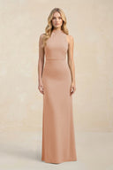 High Neck Sheath Chiffon Bridesmaid Dress With Slit in Champagne Rose - SHE IS ME Bridesmaid Dresses