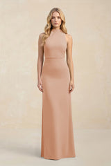 High Neck Sheath Chiffon Bridesmaid Dress With Slit in Champagne Rose - KISS BRIDAL Bridesmaid Dresses