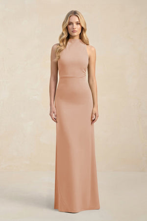 High Neck Sheath Chiffon Bridesmaid Dress With Slit in Champagne Rose - SHE IS ME Bridesmaid Dresses