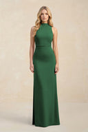 High Neck Sheath Chiffon Bridesmaid Dress With Slit in Dark Green - SHE IS ME Bridesmaid Dresses