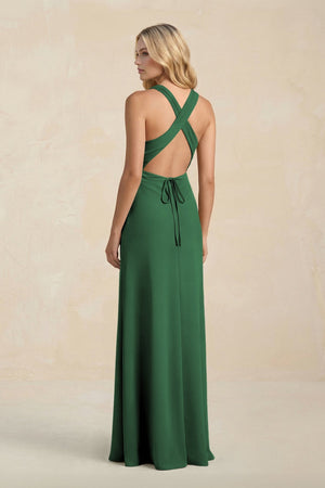 High Neck Sheath Chiffon Bridesmaid Dress With Slit in Dark Green - SHE IS ME Bridesmaid Dresses