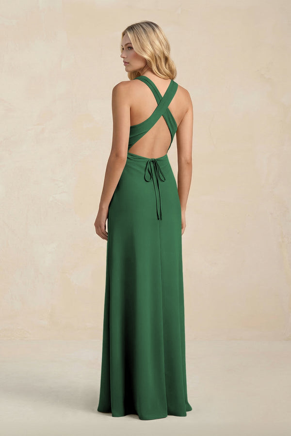 High Neck Sheath Chiffon Bridesmaid Dress With Slit in Dark Green - SHE IS ME Bridesmaid Dresses