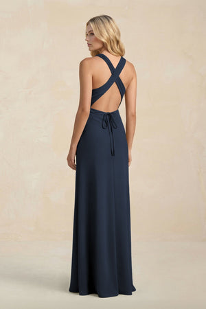 High Neck Sheath Chiffon Bridesmaid Dress With Slit in Dark Navy - SHE IS ME Bridesmaid Dresses