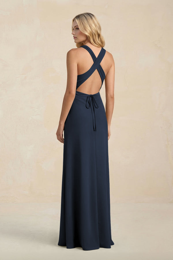 High Neck Sheath Chiffon Bridesmaid Dress With Slit in Dark Navy - SHE IS ME Bridesmaid Dresses