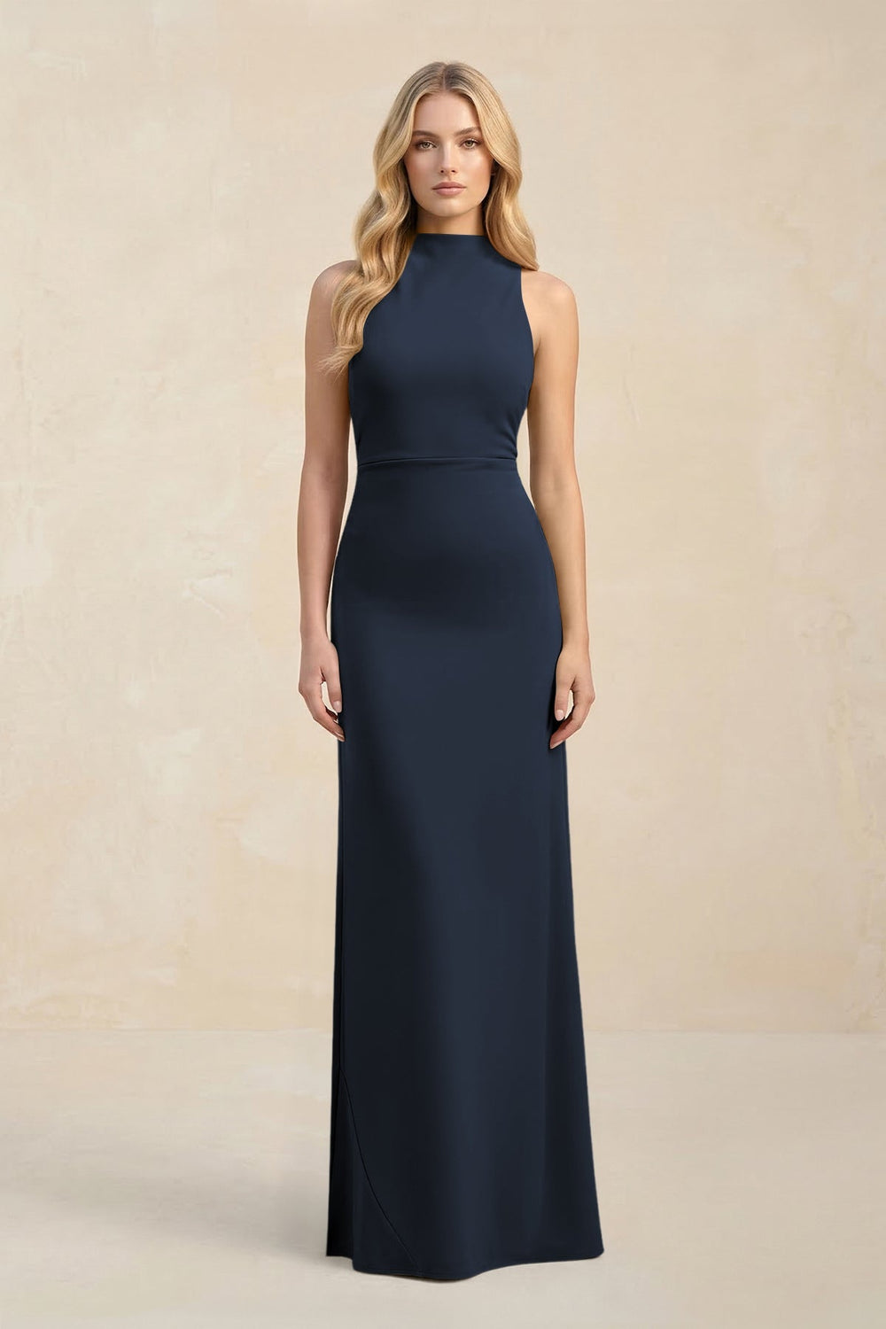 High Neck Sheath Chiffon Bridesmaid Dress With Slit in Dark Navy - KISS BRIDAL Bridesmaid Dresses