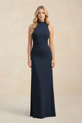 High Neck Sheath Chiffon Bridesmaid Dress With Slit in Dark Navy - KISS BRIDAL Bridesmaid Dresses