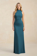 High Neck Sheath Chiffon Bridesmaid Dress With Slit in Dark Teal - KISS BRIDAL Bridesmaid Dresses
