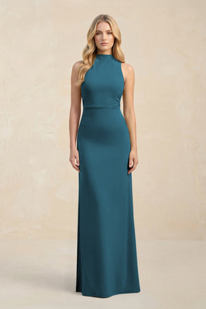 High Neck Sheath Chiffon Bridesmaid Dress With Slit in Dark Teal - SHE IS ME Bridesmaid Dresses