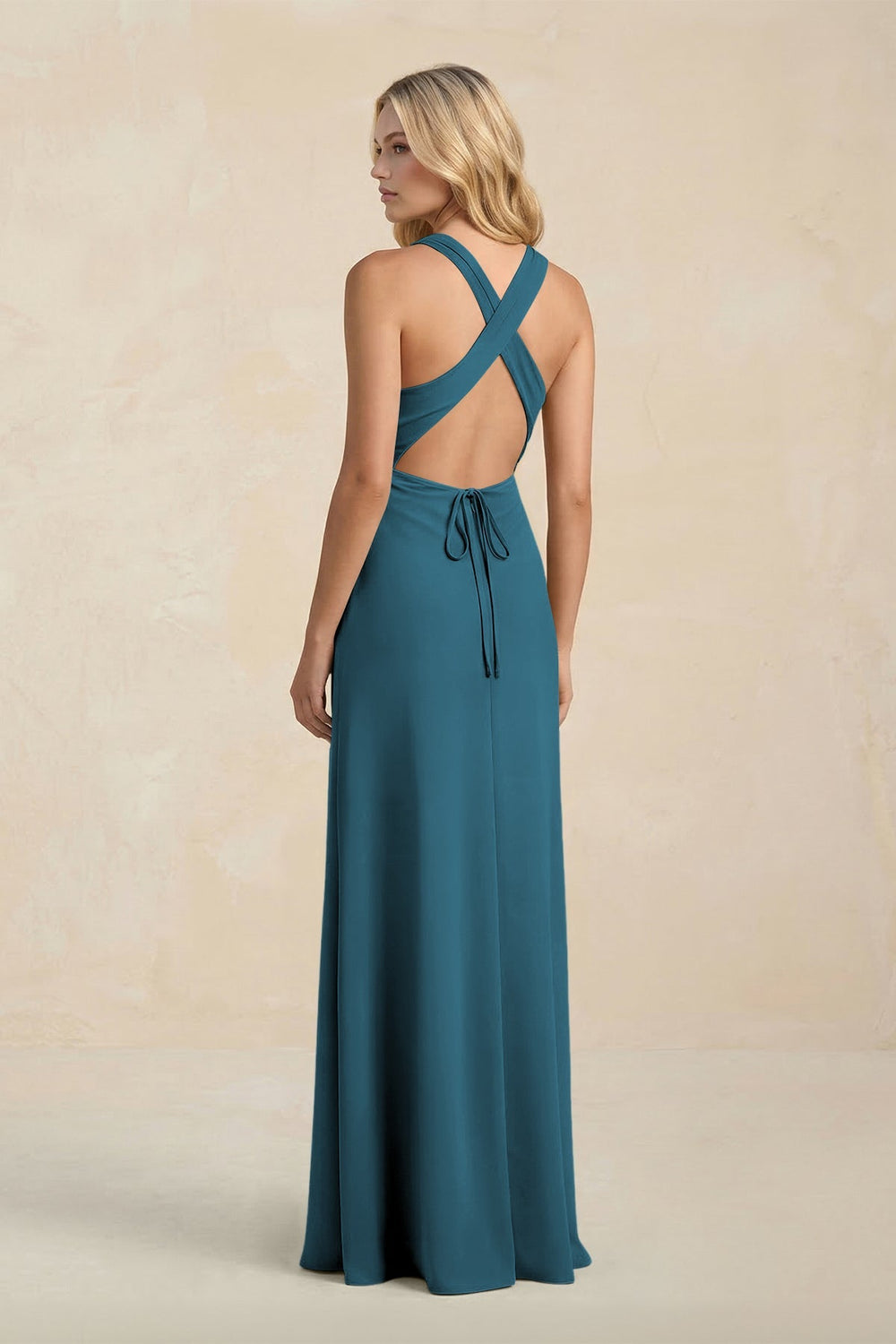 High Neck Sheath Chiffon Bridesmaid Dress With Slit in Dark Teal - KISS BRIDAL Bridesmaid Dresses