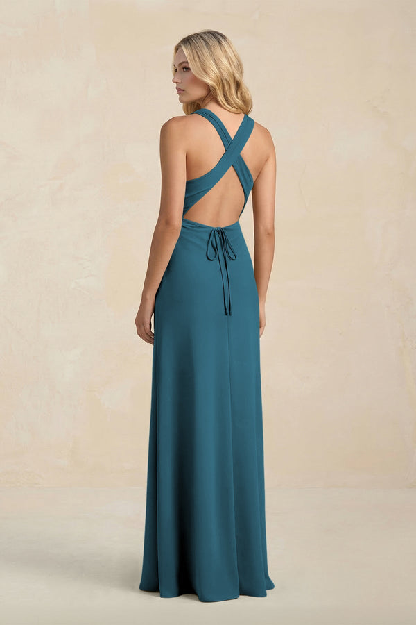 High Neck Sheath Chiffon Bridesmaid Dress With Slit in Dark Teal - SHE IS ME Bridesmaid Dresses