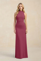 High Neck Sheath Chiffon Bridesmaid Dress With Slit in Desert Rose - KISS BRIDAL Bridesmaid Dresses