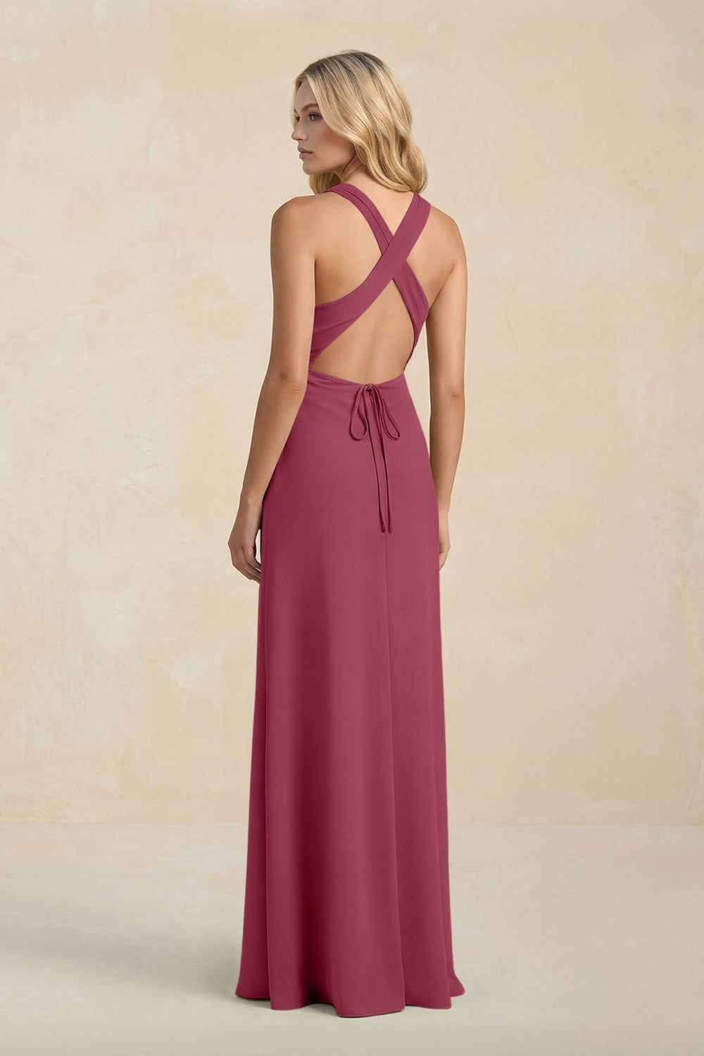 High Neck Sheath Chiffon Bridesmaid Dress With Slit in Desert Rose - KISS BRIDAL Bridesmaid Dresses