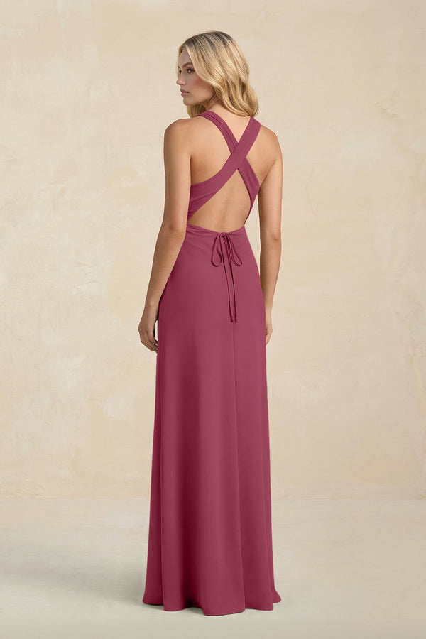 High Neck Sheath Chiffon Bridesmaid Dress With Slit in Desert Rose - SHE IS ME Bridesmaid Dresses