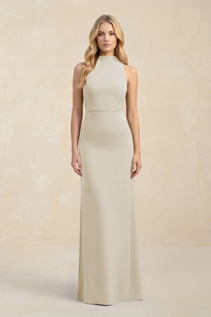 High Neck Sheath Chiffon Bridesmaid Dress With Slit in Dove Gray - SHE IS ME Bridesmaid Dresses