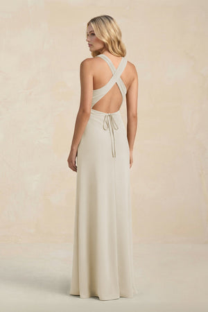 High Neck Sheath Chiffon Bridesmaid Dress With Slit in Dove Gray - SHE IS ME Bridesmaid Dresses