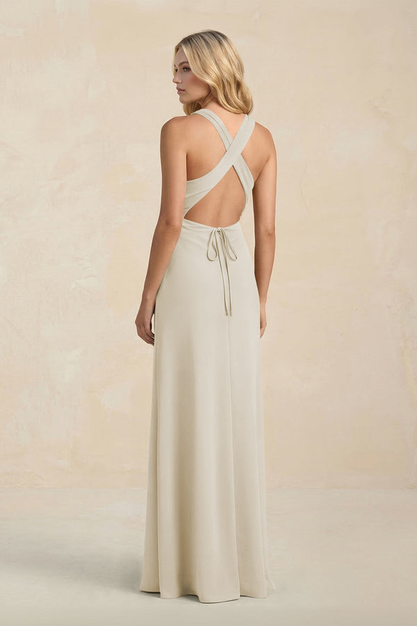 High Neck Sheath Chiffon Bridesmaid Dress With Slit in Dove Gray - SHE IS ME Bridesmaid Dresses