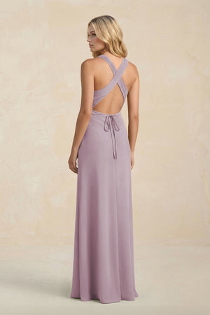 High Neck Sheath Chiffon Bridesmaid Dress With Slit in Dusk - SHE IS ME Bridesmaid Dresses