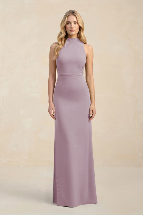 High Neck Sheath Chiffon Bridesmaid Dress With Slit in Dusk - SHE IS ME Bridesmaid Dresses