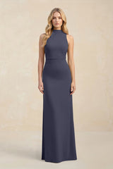 High Neck Sheath Chiffon Bridesmaid Dress With Slit in Dusk Blue - KISS BRIDAL Bridesmaid Dresses