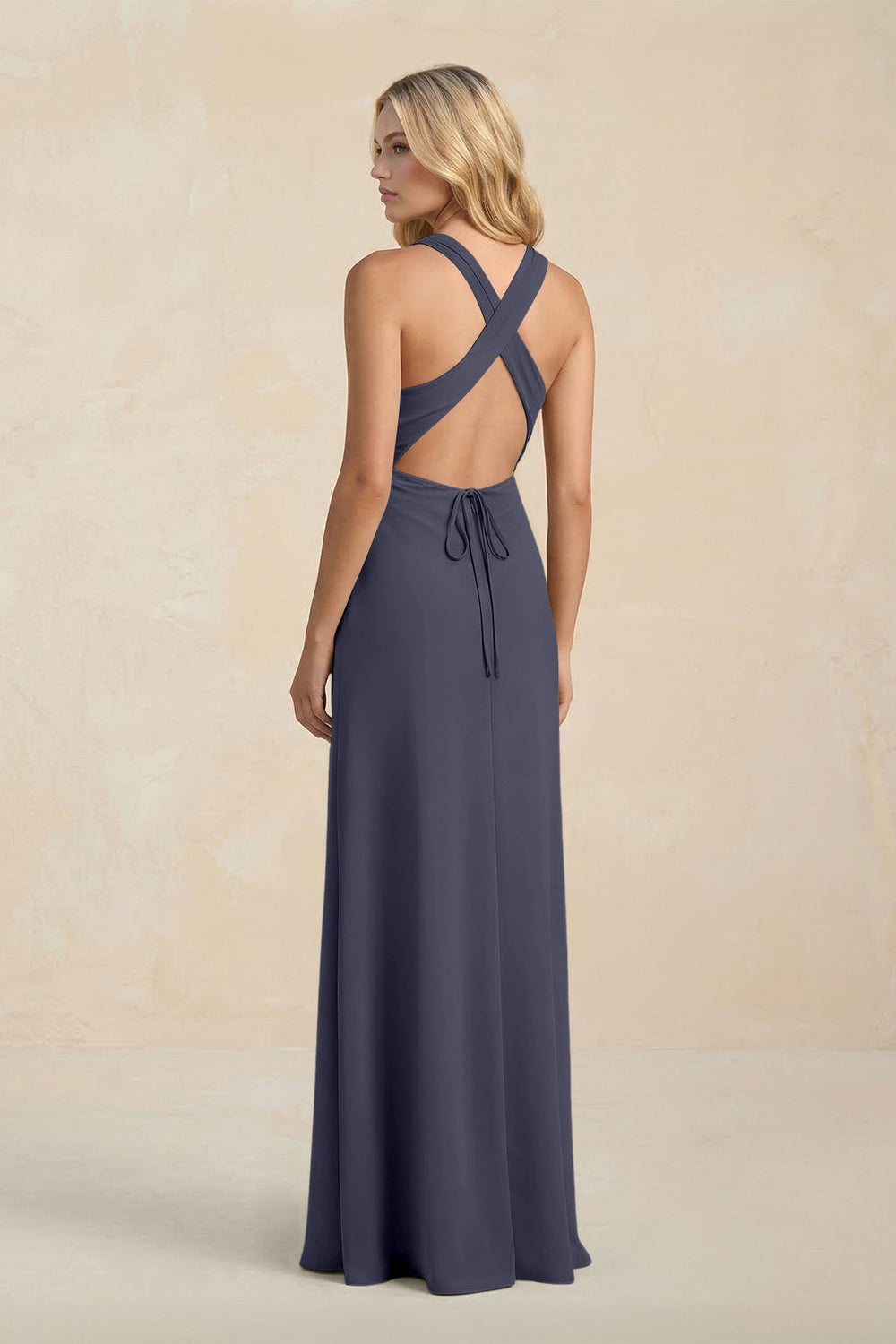 High Neck Sheath Chiffon Bridesmaid Dress With Slit in Dusk Blue - KISS BRIDAL Bridesmaid Dresses