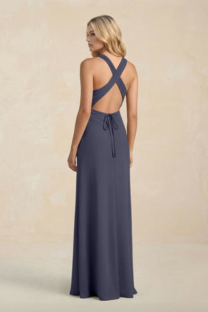 High Neck Sheath Chiffon Bridesmaid Dress With Slit in Dusk Blue - SHE IS ME Bridesmaid Dresses