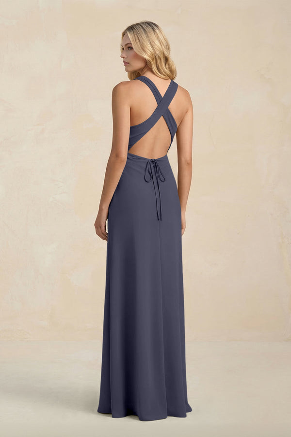 High Neck Sheath Chiffon Bridesmaid Dress With Slit in Dusk Blue - SHE IS ME Bridesmaid Dresses