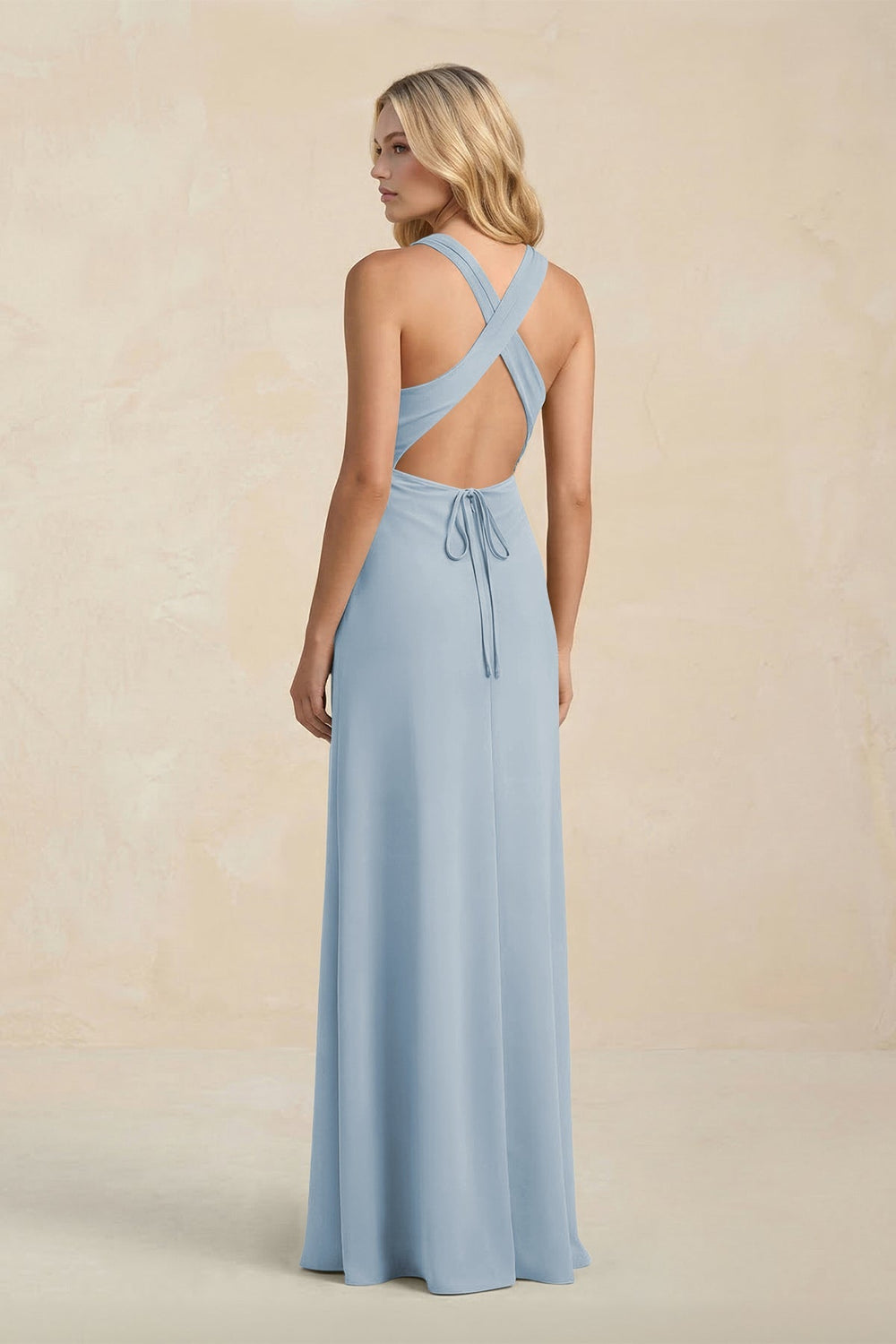 High Neck Sheath Chiffon Bridesmaid Dress With Slit in Dusty Blue - KISS BRIDAL Bridesmaid Dresses