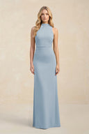 High Neck Sheath Chiffon Bridesmaid Dress With Slit in Dusty Blue - SHE IS ME Bridesmaid Dresses