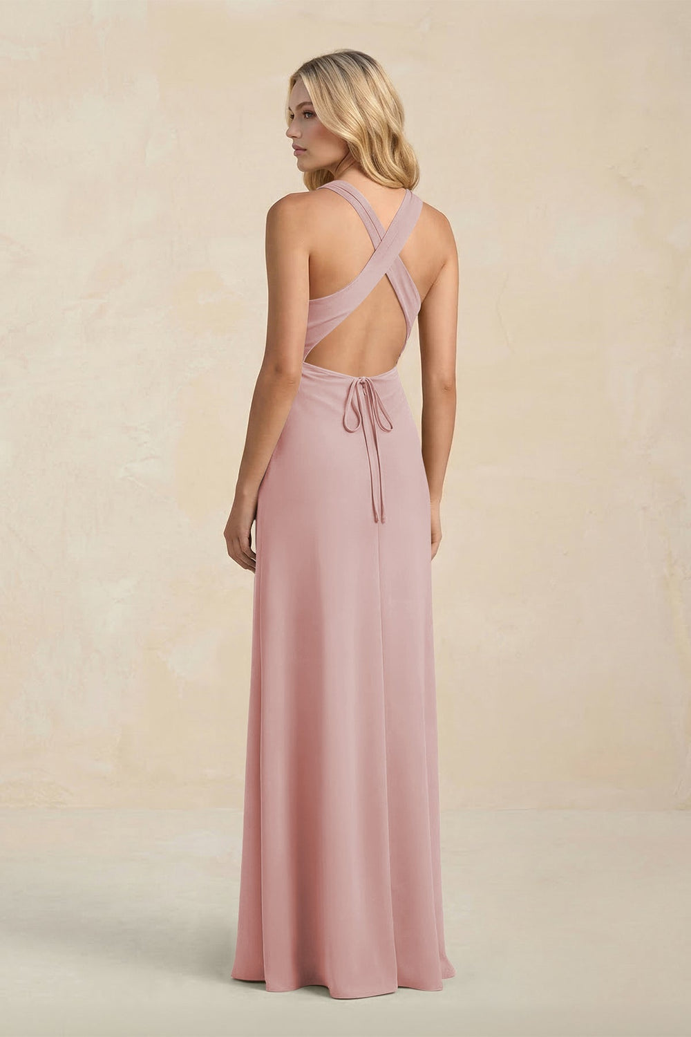 High Neck Sheath Chiffon Bridesmaid Dress With Slit in Dusty Rose - KISS BRIDAL Bridesmaid Dresses