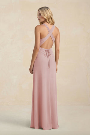 High Neck Sheath Chiffon Bridesmaid Dress With Slit in Dusty Rose - SHE IS ME Bridesmaid Dresses