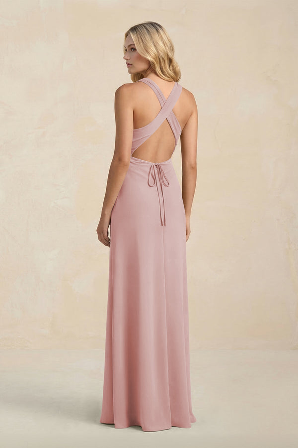 High Neck Sheath Chiffon Bridesmaid Dress With Slit in Dusty Rose - SHE IS ME Bridesmaid Dresses