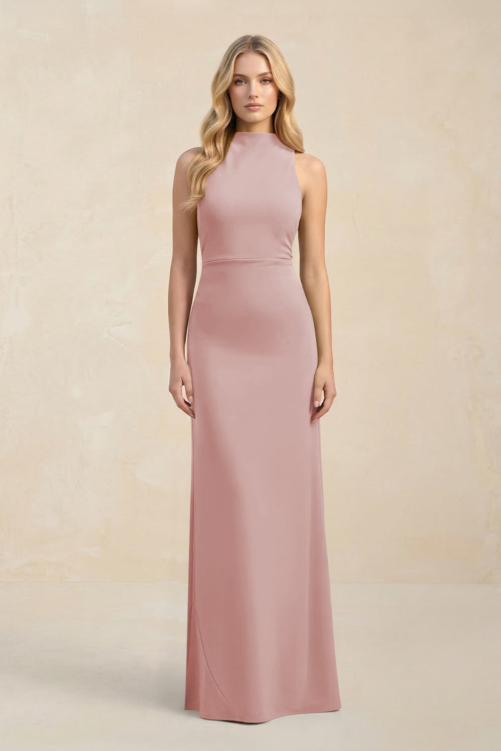 High Neck Sheath Chiffon Bridesmaid Dress With Slit in Dusty Rose - KISS BRIDAL Bridesmaid Dresses