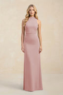 High Neck Sheath Chiffon Bridesmaid Dress With Slit in Dusty Rose - SHE IS ME Bridesmaid Dresses