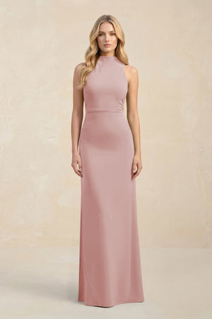 High Neck Sheath Chiffon Bridesmaid Dress With Slit in Dusty Rose - SHE IS ME Bridesmaid Dresses