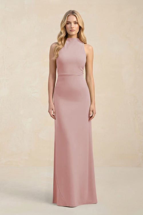 High Neck Sheath Chiffon Bridesmaid Dress With Slit in Dusty Rose - SHE IS ME Bridesmaid Dresses