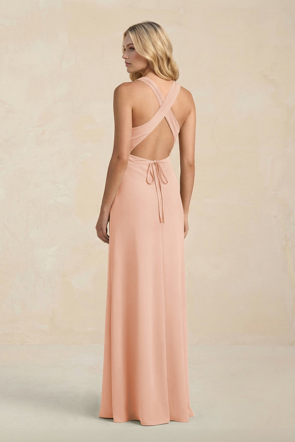 High Neck Sheath Chiffon Bridesmaid Dress With Slit in English Rose - KISS BRIDAL Bridesmaid Dresses