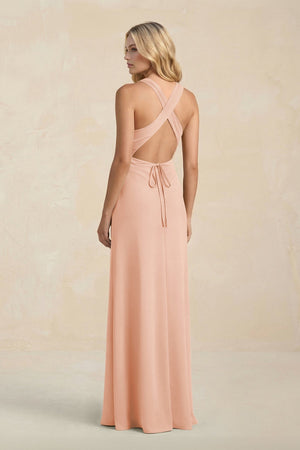 High Neck Sheath Chiffon Bridesmaid Dress With Slit in English Rose - SHE IS ME Bridesmaid Dresses