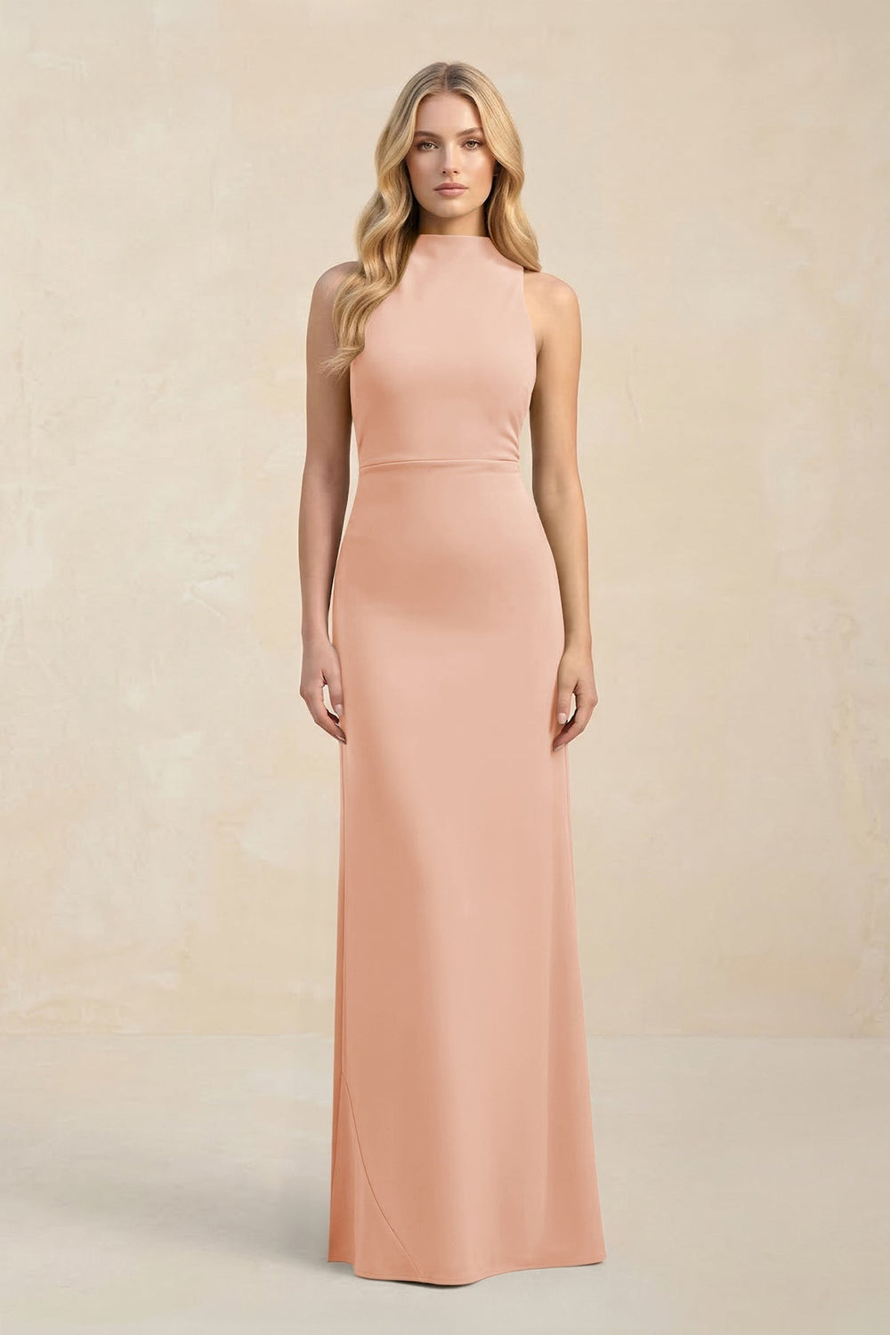 High Neck Sheath Chiffon Bridesmaid Dress With Slit in English Rose - KISS BRIDAL Bridesmaid Dresses