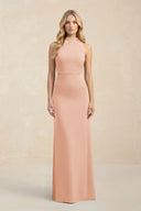 High Neck Sheath Chiffon Bridesmaid Dress With Slit in English Rose - SHE IS ME Bridesmaid Dresses