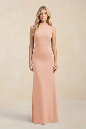 High Neck Sheath Chiffon Bridesmaid Dress With Slit in English Rose - SHE IS ME Bridesmaid Dresses