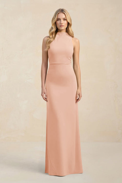 High Neck Sheath Chiffon Bridesmaid Dress With Slit in English Rose - SHE IS ME Bridesmaid Dresses