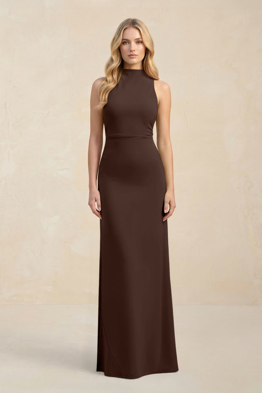 High Neck Sheath Chiffon Bridesmaid Dress With Slit in Espresso - KISS BRIDAL Bridesmaid Dresses