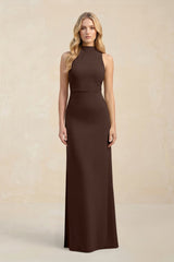 High Neck Sheath Chiffon Bridesmaid Dress With Slit in Espresso - KISS BRIDAL Bridesmaid Dresses