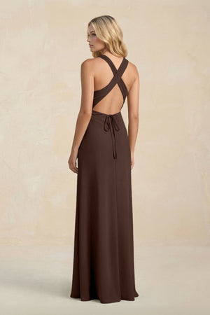 High Neck Sheath Chiffon Bridesmaid Dress With Slit in Espresso - SHE IS ME Bridesmaid Dresses