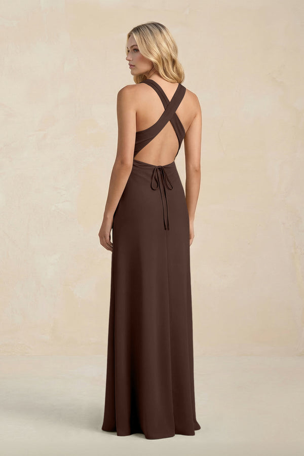 High Neck Sheath Chiffon Bridesmaid Dress With Slit in Espresso - SHE IS ME Bridesmaid Dresses