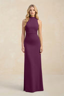 High Neck Sheath Chiffon Bridesmaid Dress With Slit in Fig - SHE IS ME Bridesmaid Dresses