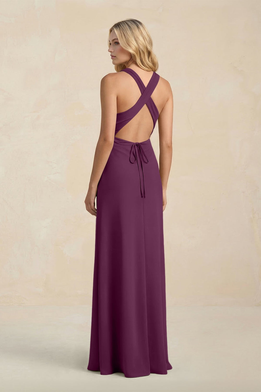High Neck Sheath Chiffon Bridesmaid Dress With Slit in Fig - KISS BRIDAL Bridesmaid Dresses