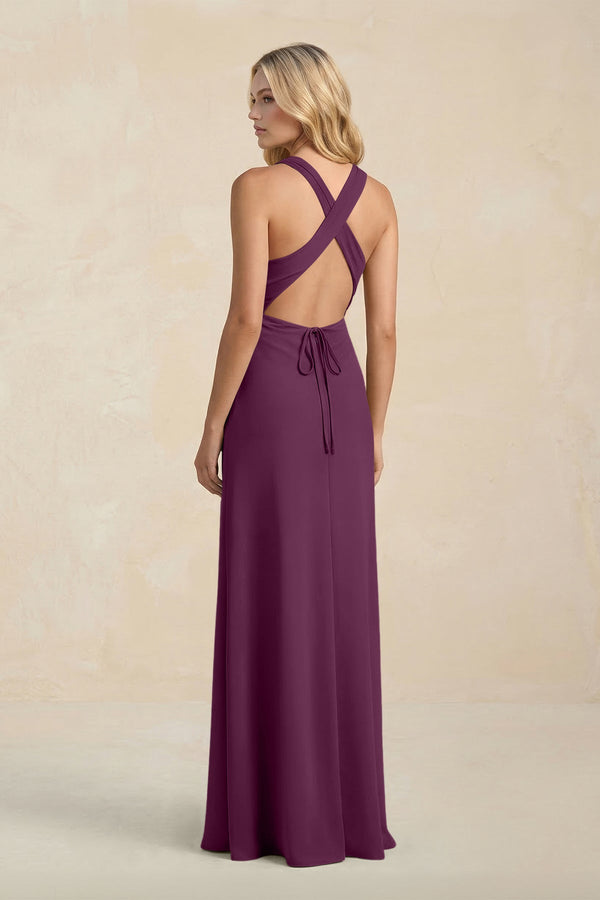 High Neck Sheath Chiffon Bridesmaid Dress With Slit in Fig - SHE IS ME Bridesmaid Dresses