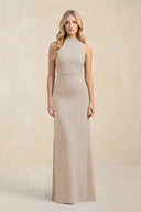 High Neck Sheath Chiffon Bridesmaid Dress With Slit in Frost - SHE IS ME Bridesmaid Dresses